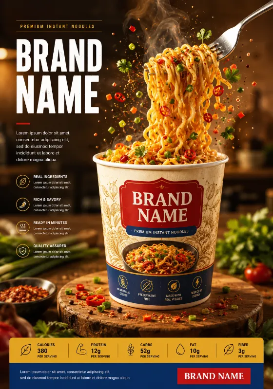 Commercial advertisement showing a premium instant noodle cup with steaming noodles and floating ingredients.