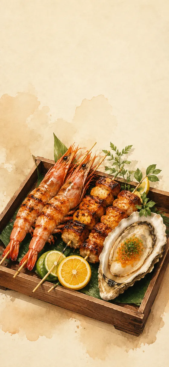 Illustrated Japanese seafood platter with grilled prawns, skewers, oyster, and citrus on a wooden tray.