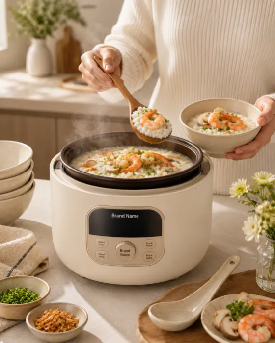 Premium electric rice cooker styled with gourmet seafood porridge in a modern kitchen setting.