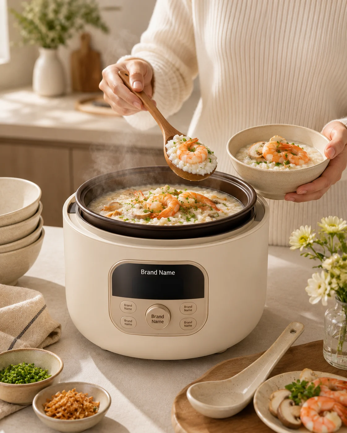 Premium electric rice cooker styled with gourmet seafood porridge in a modern kitchen setting.