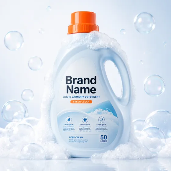 Premium laundry detergent bottle wrapped in cleansing foam and floating bubbles on a white-blue studio surface.