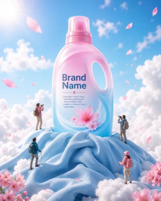 Pastel laundry detergent bottle on a fabric mountain with miniature explorers and clouds.