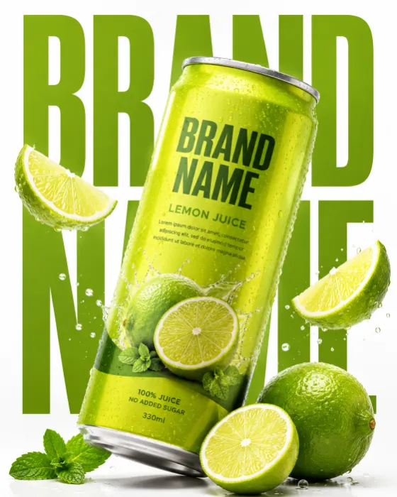 Premium lemon juice can with floating citrus slices in a clean minimalist commercial layout.