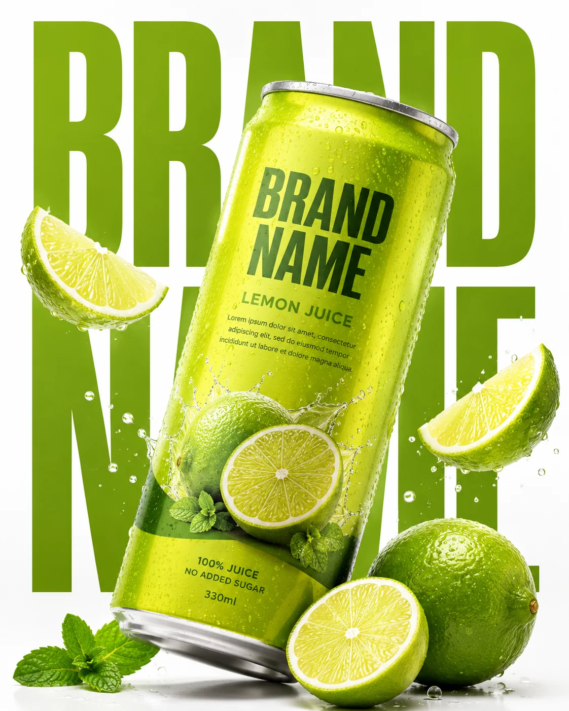 Premium lemon juice can with floating citrus slices in a clean minimalist commercial layout.