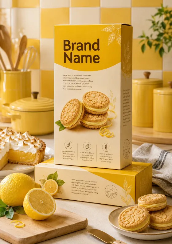 Luxury lemon cookie package displayed with fresh lemons in a premium kitchen environment.