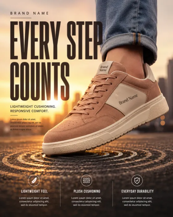 Premium suede sneaker making contact with textured asphalt at sunset in a luxury lifestyle advertising scene.