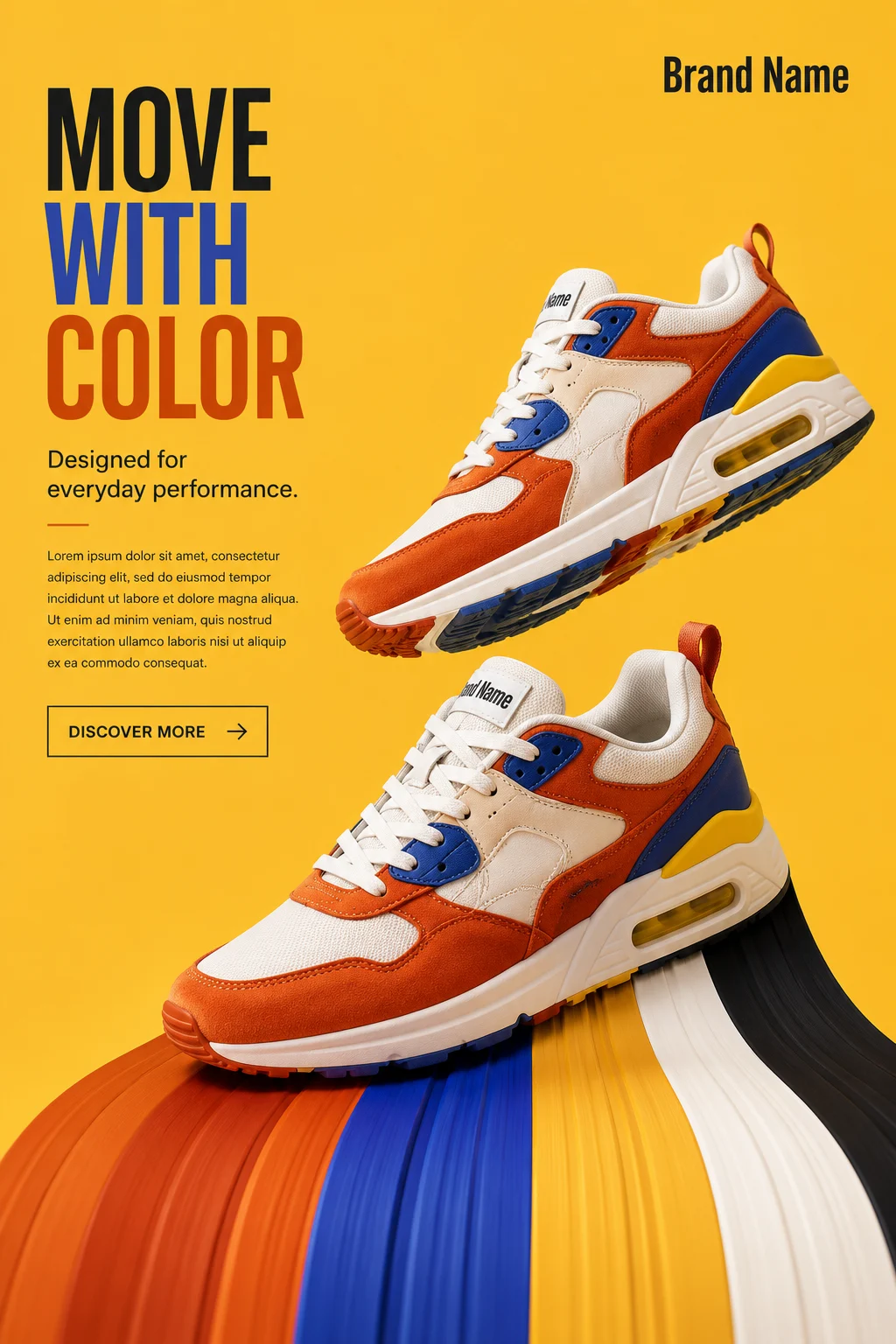A pair of colorful premium lifestyle sneakers above flowing color ribbons on yellow background.