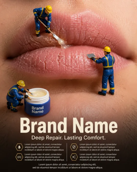 Miniature workers in blue uniforms applying healing balm to dry lips in a macro beauty campaign.
