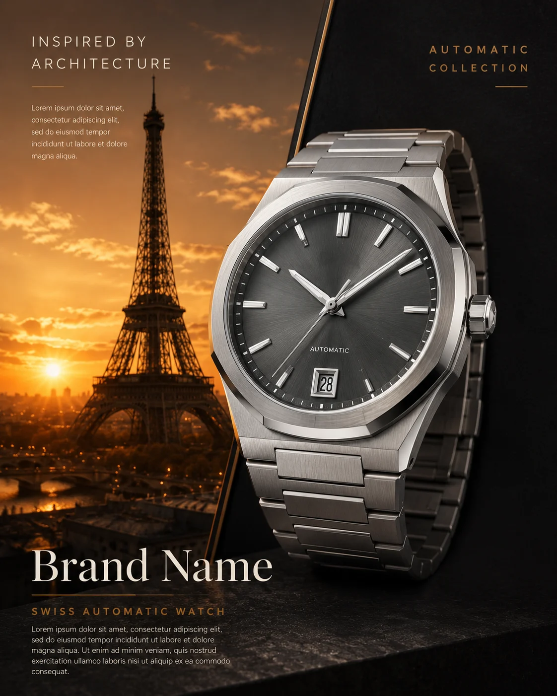 Luxury automatic wristwatch displayed against an architecture-inspired sunset editorial background with refined premium styling.
