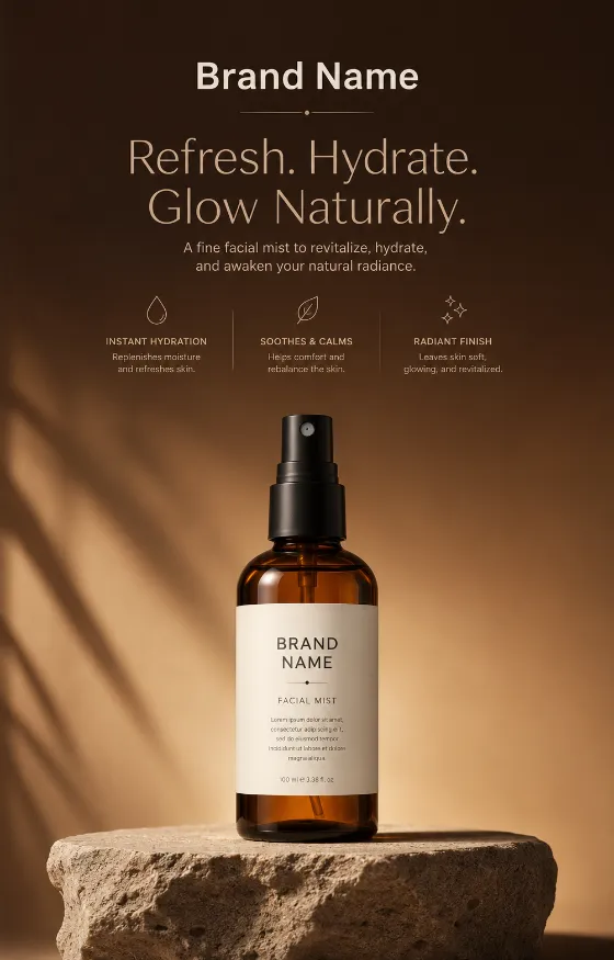 Luxury cosmetic facial mist bottle photographed in a warm minimalist studio with a stone pedestal.