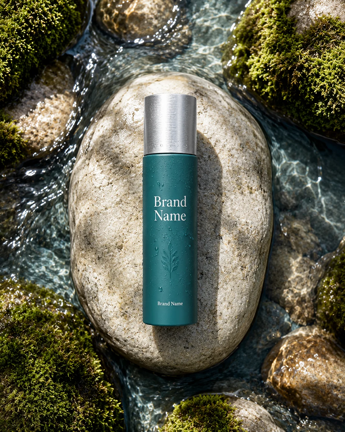 Premium skincare product displayed in a natural stream with luxury spa-inspired styling.