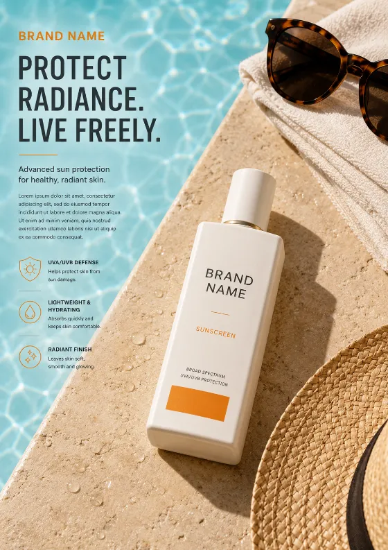 Luxury sunscreen product photographed beside a swimming pool with towel, sunglasses, and woven hat.