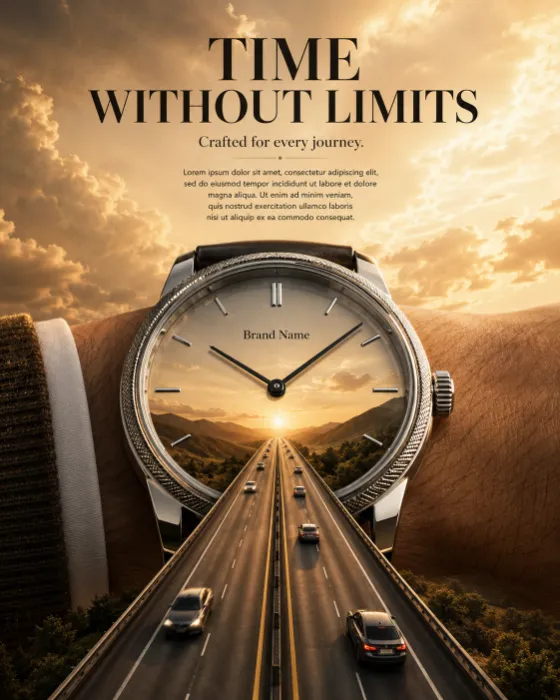 Luxury wristwatch advertisement showing a surreal highway emerging from the watch face beneath dramatic golden clouds.