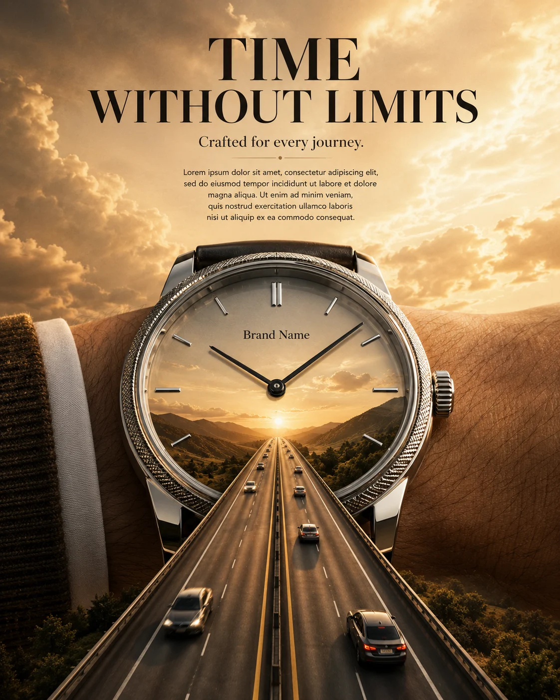 Luxury wristwatch advertisement showing a surreal highway emerging from the watch face beneath dramatic golden clouds.