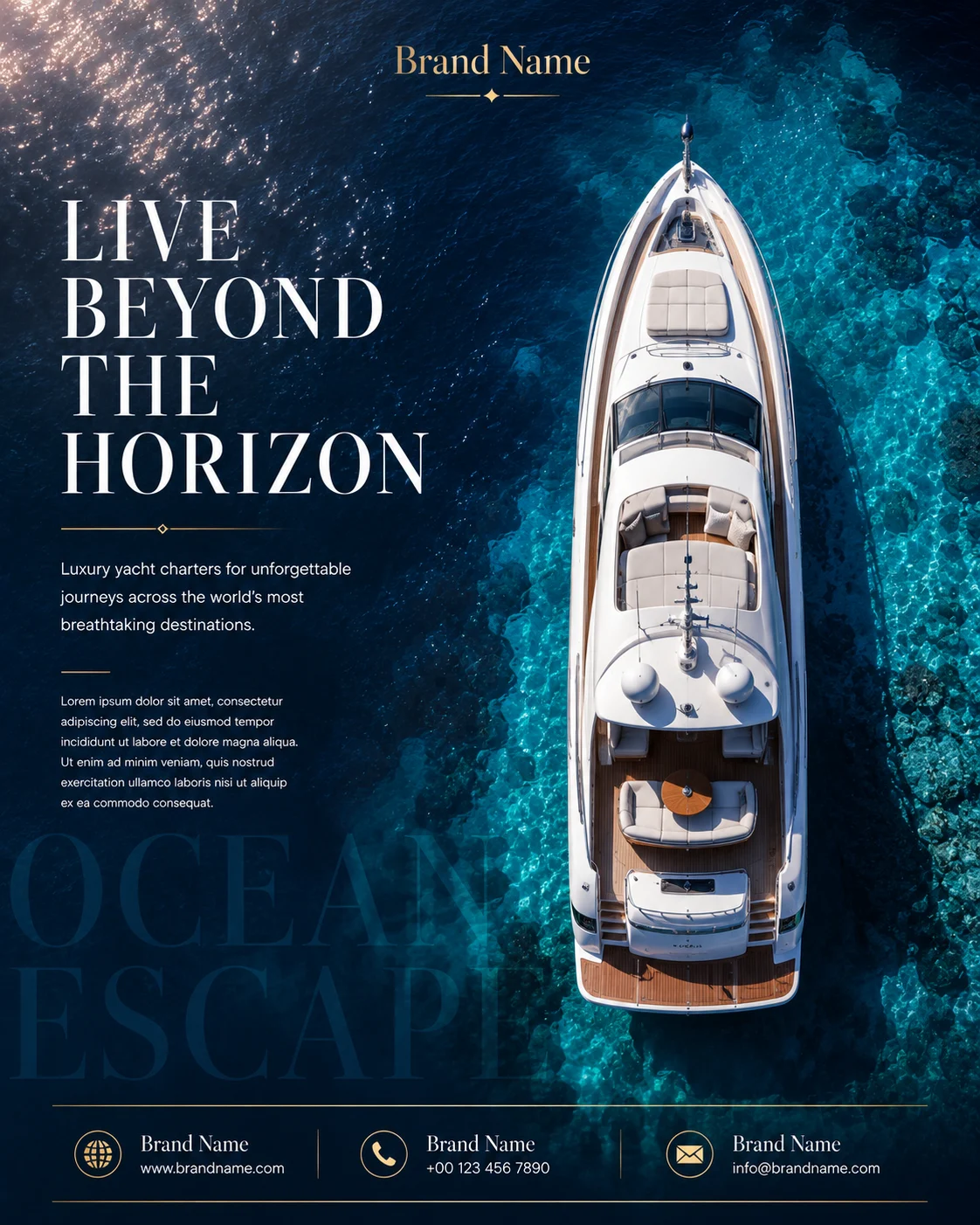Top-down view of a luxury yacht on clear blue ocean in an editorial poster layout.