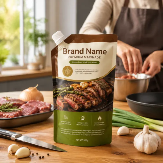Commercial meat marinade pouch displayed in a bright modern kitchen with fresh ingredients.