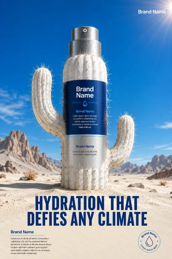 Premium men's moisturizer hero campaign with a surreal cactus-inspired desert concept.