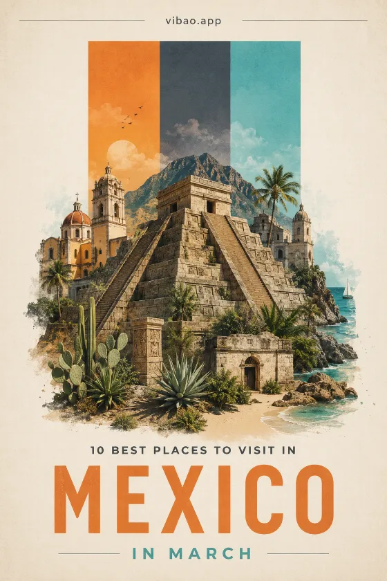 Minimal editorial travel collage highlighting Mexico with architectural landmarks and vertical color panels.