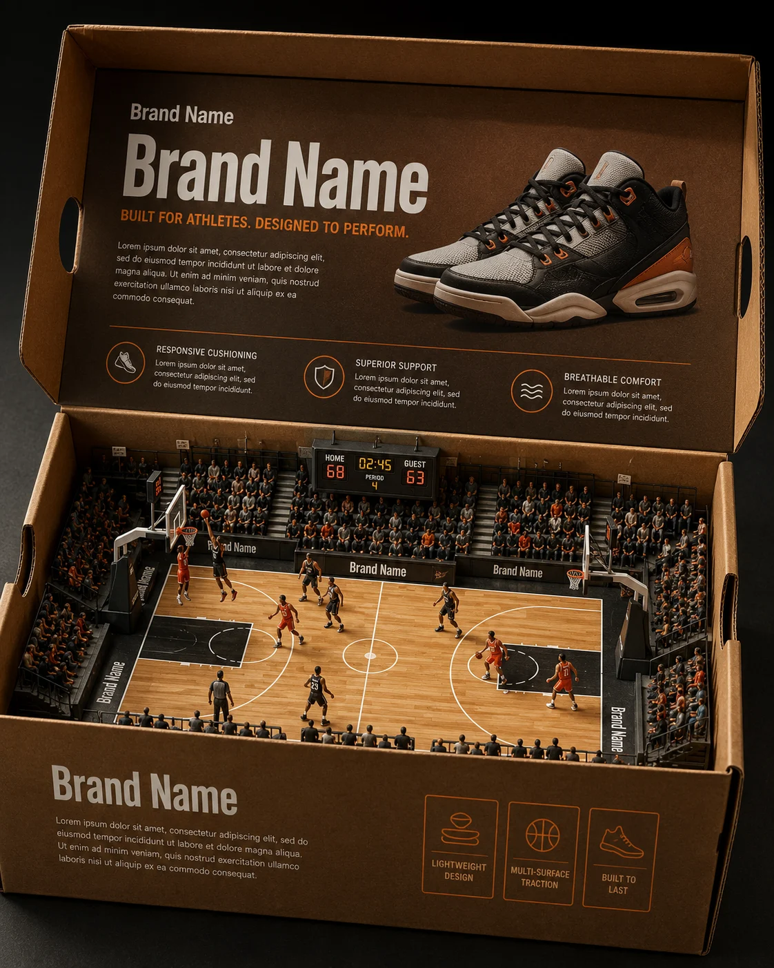 A luxury shoebox transformed into a miniature basketball arena with players on a maple court.