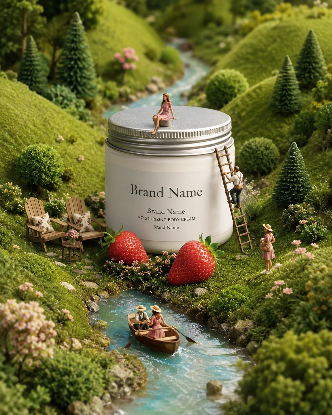 Commercial miniature landscape with an oversized cosmetic jar and tiny figures exploring a lush green environment.