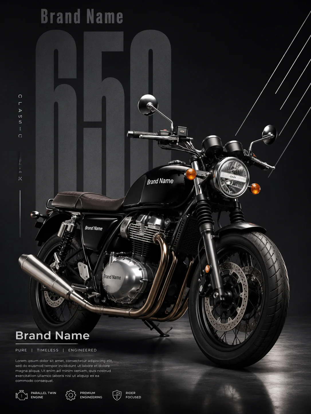Retro roadster motorcycle in a dark studio with bold typography and reflective floor, luxury automotive advertising.