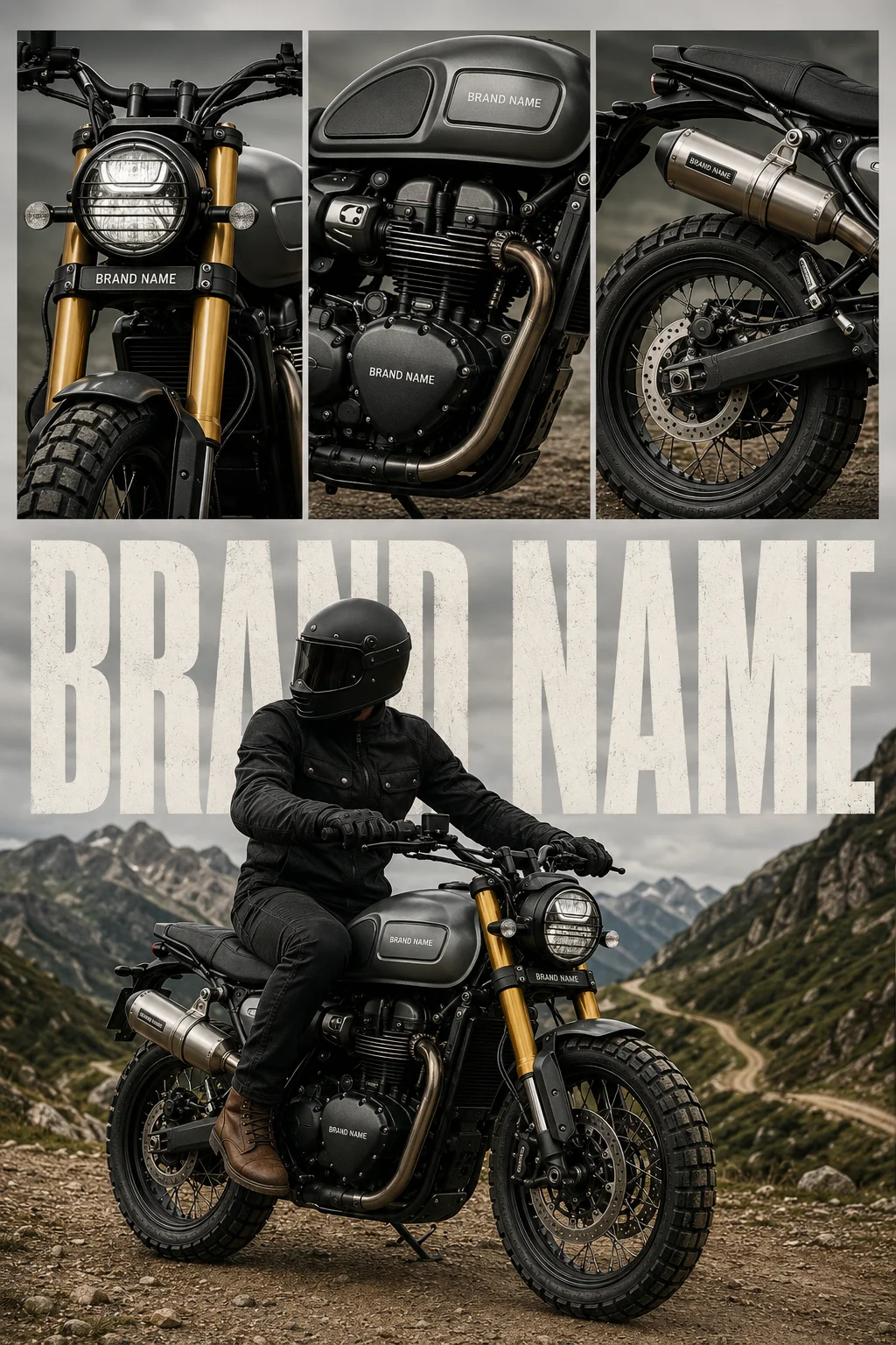 Modern scrambler motorcycle with rider in an overcast mountain landscape, commercial advertising poster with three feature panels.
