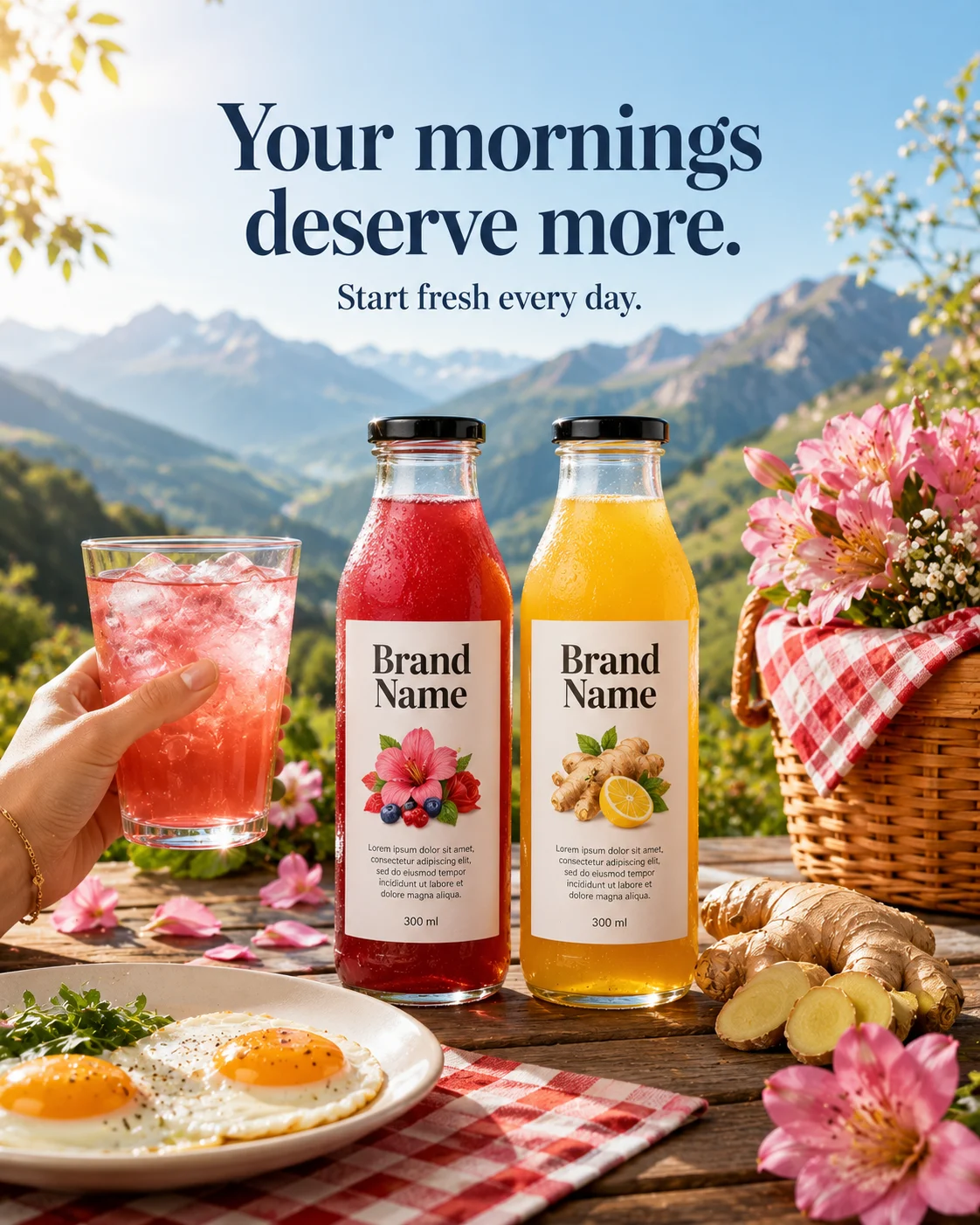 Two premium wellness beverage bottles on a rustic picnic table with mountain view, fresh breakfast, and a hand holding an iced drink.