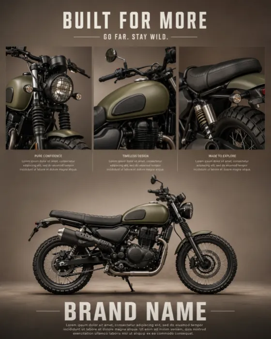Vertical editorial poster of a matte olive scrambler motorcycle with component detail panels on a warm taupe background.