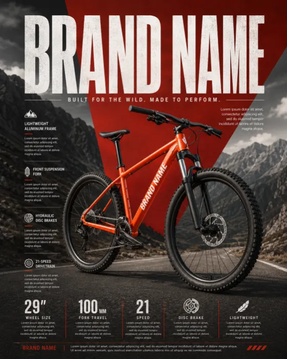 Commercial mountain bike advertising poster with a hardtail mountain bike on a mountain road against a geometric crimson backdrop.