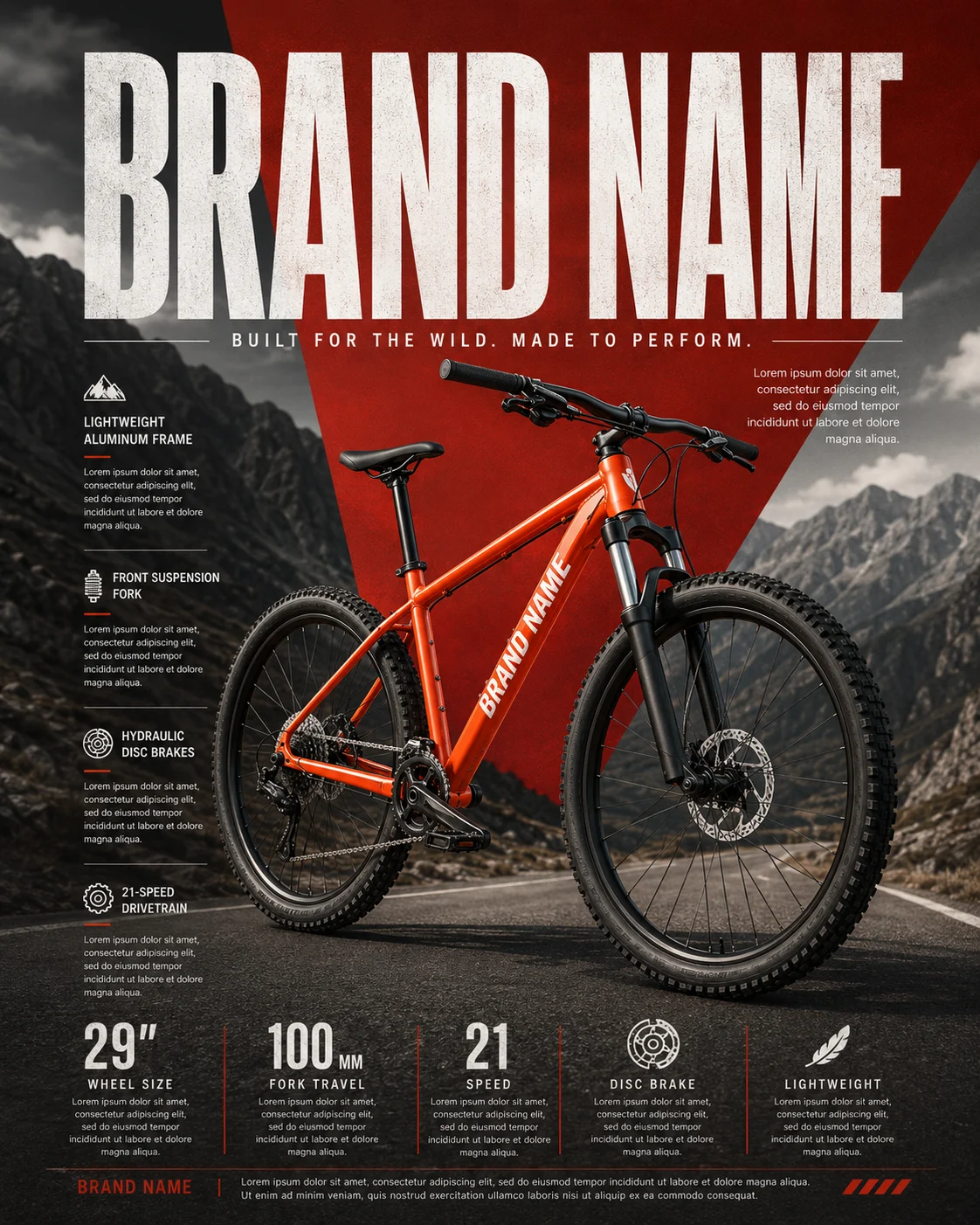 Commercial mountain bike advertising poster with a hardtail mountain bike on a mountain road against a geometric crimson backdrop.