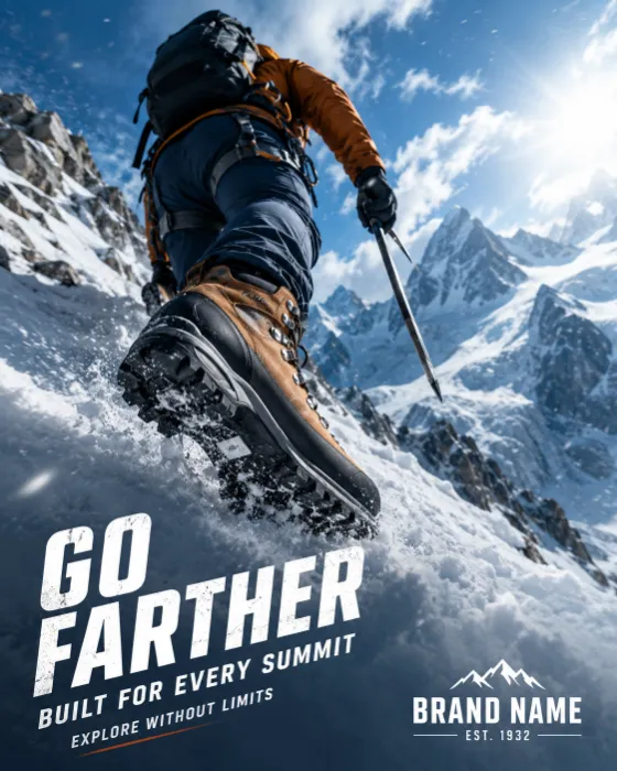 A climber in technical gear ascends a snowy alpine ridge, with premium mountaineering boots in the foreground against a backdrop of glacier-covered peaks.