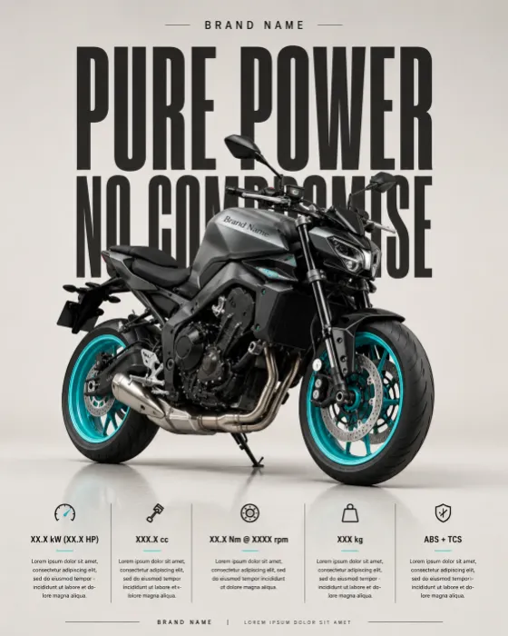 Premium naked sport motorcycle poster with cyan wheels and editorial typography in a studio setting.