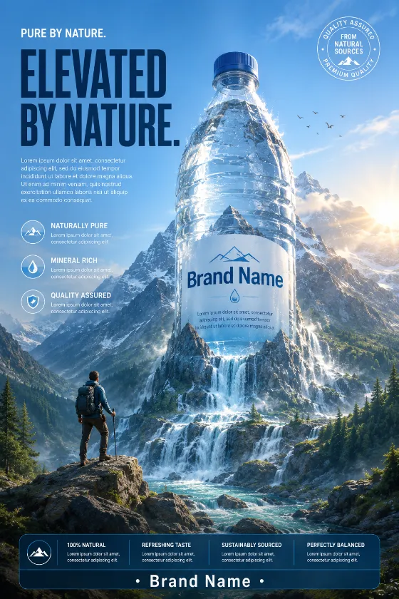 Premium bottled water hero campaign in a majestic alpine mountain environment.