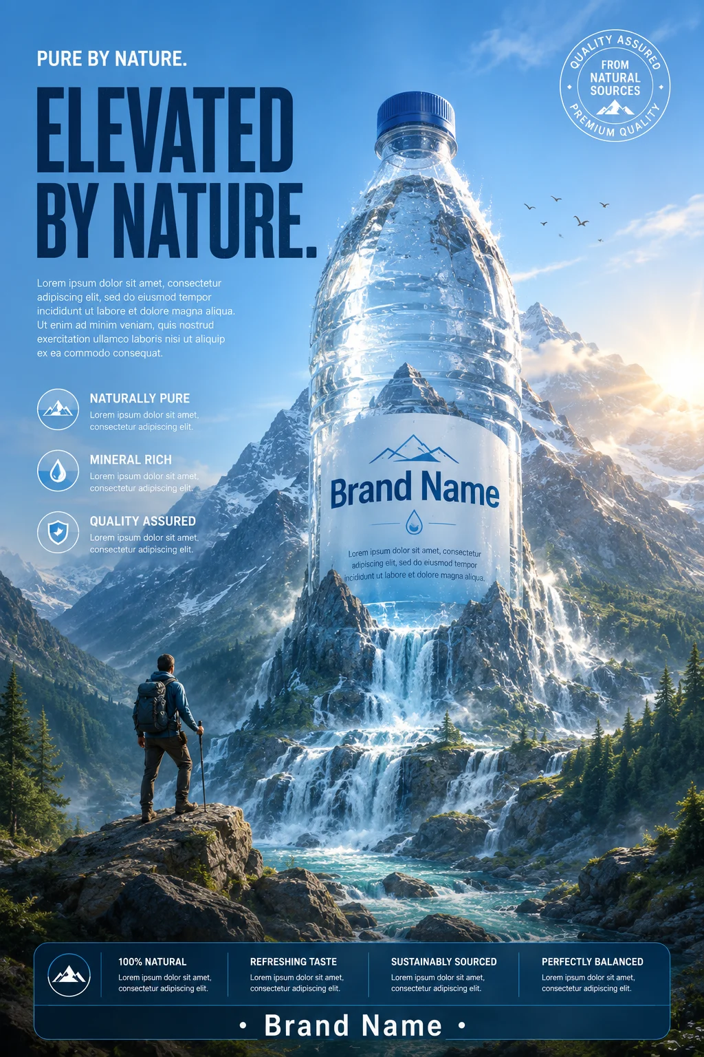 Premium bottled water hero campaign in a majestic alpine mountain environment.