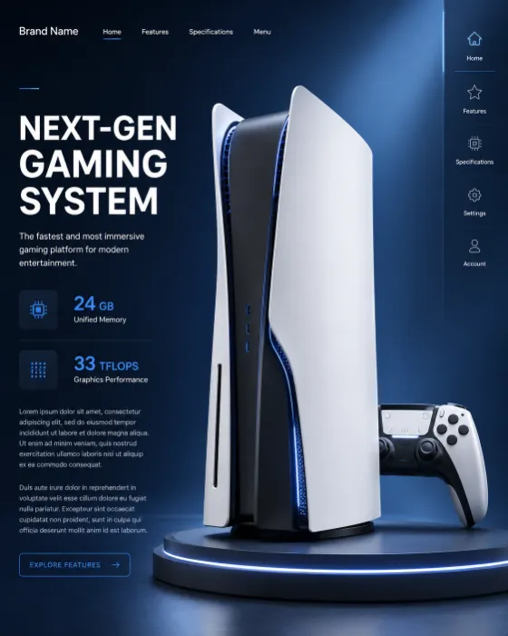 Luxury gaming console campaign with futuristic industrial design and editorial interface.