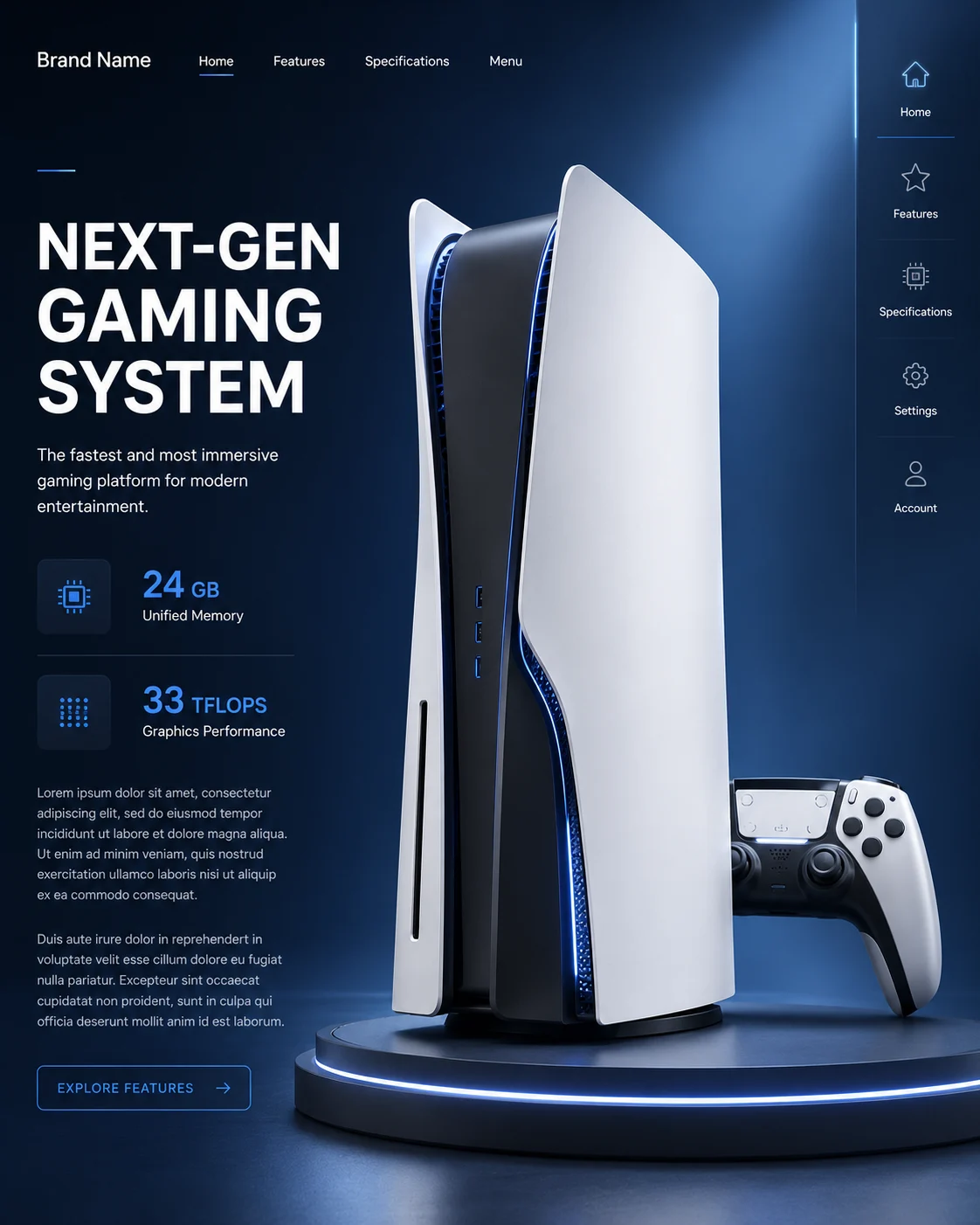 Luxury gaming console campaign with futuristic industrial design and editorial interface.