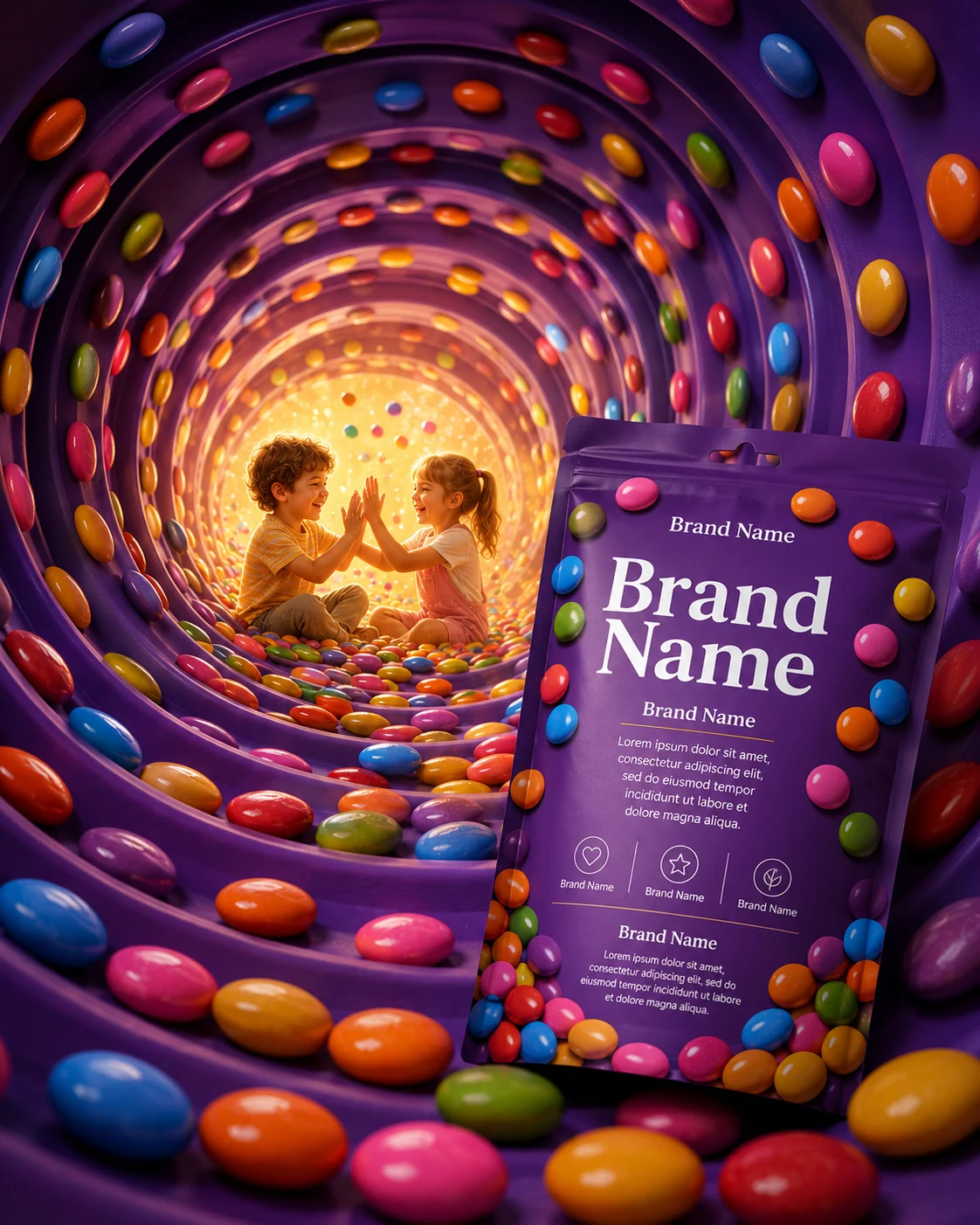 Premium candy package in front of a colorful spiral tunnel with candy-coated chocolates and nostalgic childhood imagery.