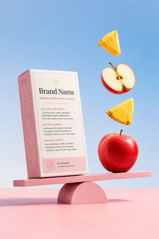 Premium dietary supplement carton with balanced fruit composition in a modern pastel studio.