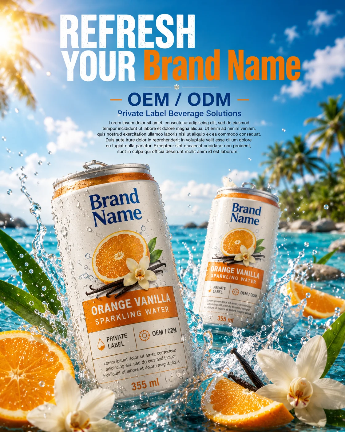 Two private-label sparkling water cans in a tropical ocean splash with citrus and vanilla flowers.