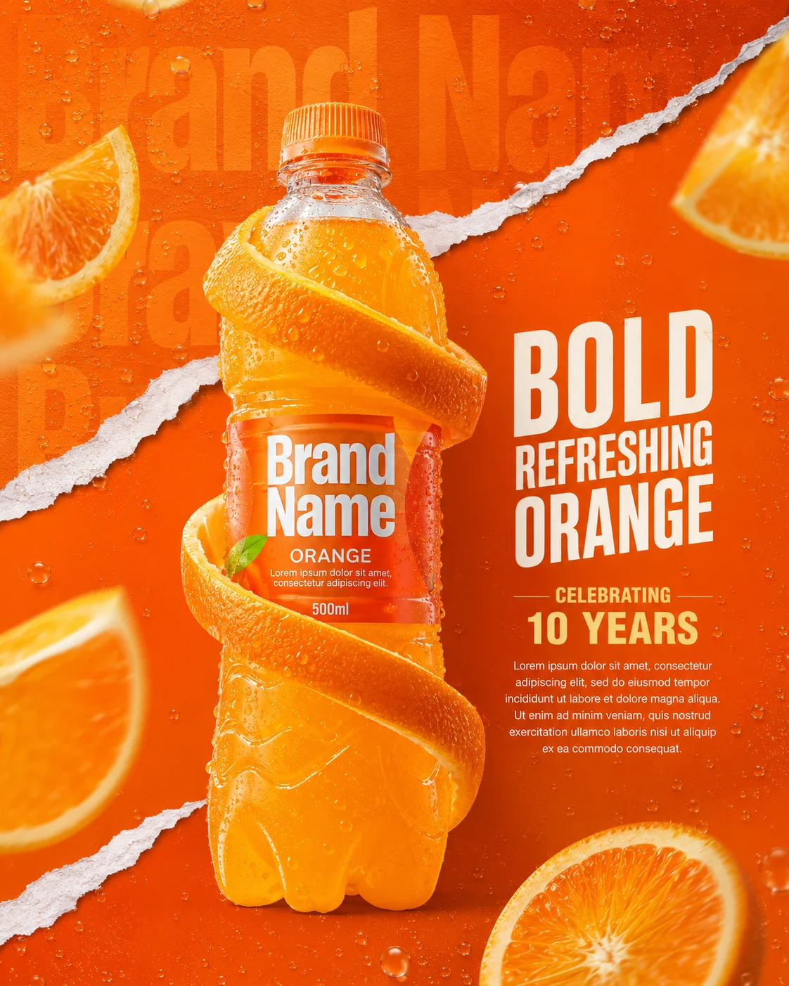 Commercial orange beverage poster with citrus peel wrapped around a chilled bottle.