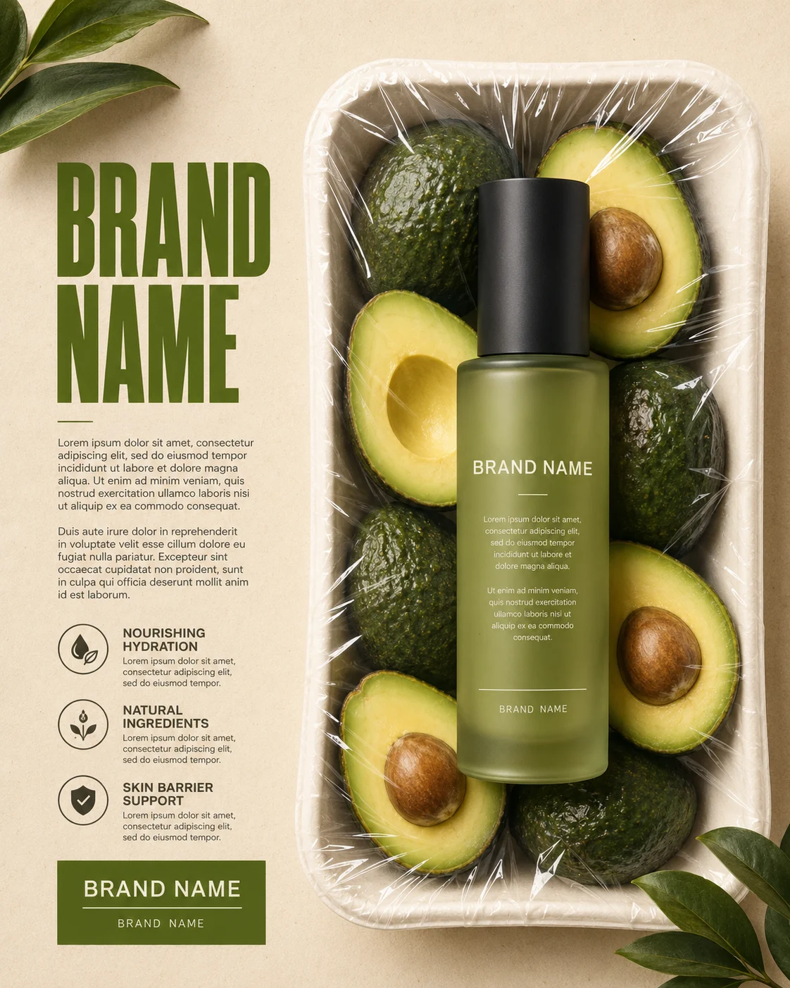 Luxury avocado serum bottle centered in a produce tray with fresh avocado halves and eco-friendly packaging.