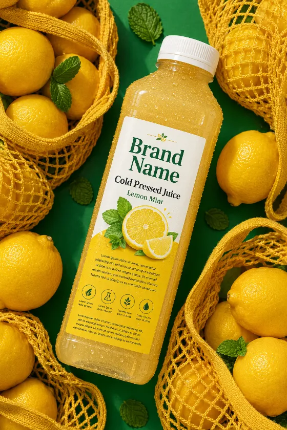 Premium cold-pressed lemon juice bottle with fresh lemons in reusable mesh grocery bags on green background.