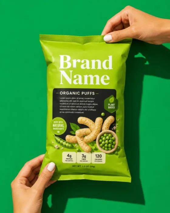 Organic snack packaging presented with minimalist green commercial styling.