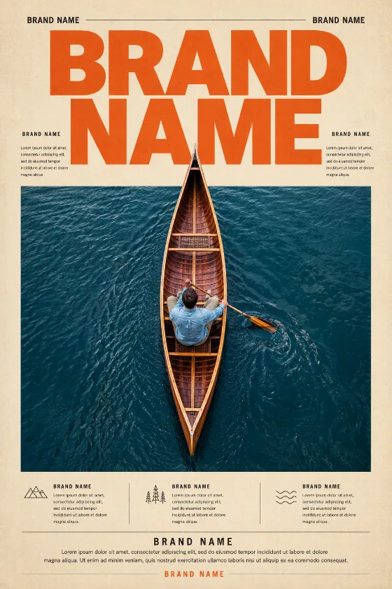 Top-down view of a wooden canoe crossing calm water in a minimalist editorial poster layout with typography.