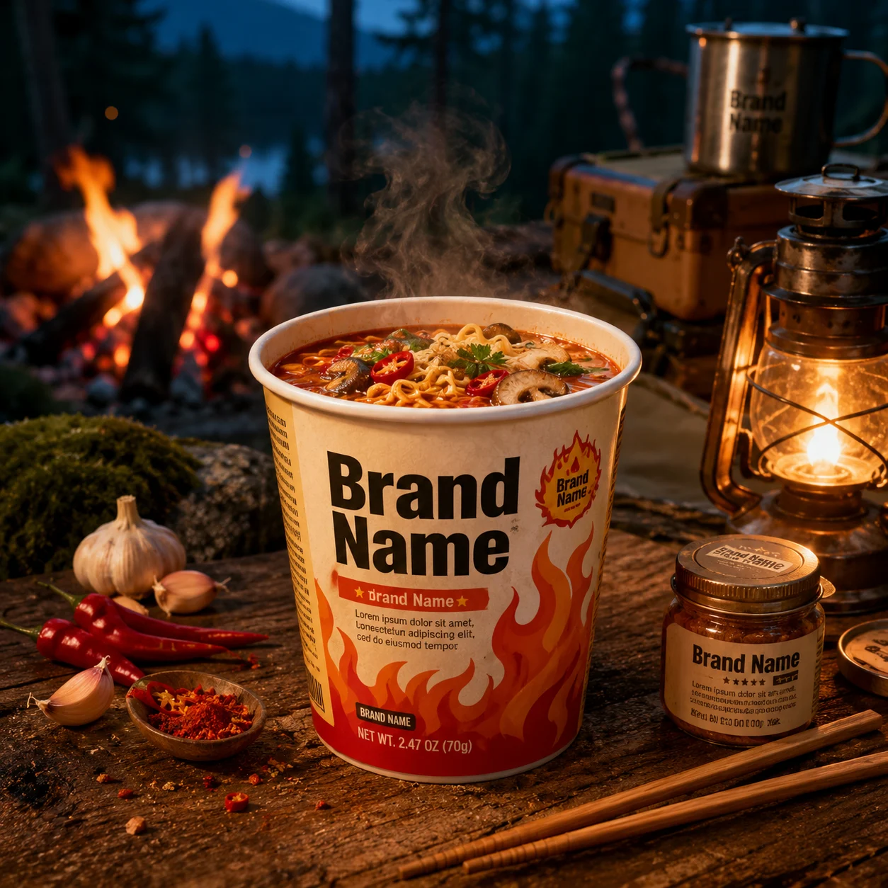 Outdoor commercial food photograph featuring a premium ramen cup beside a warm campfire.