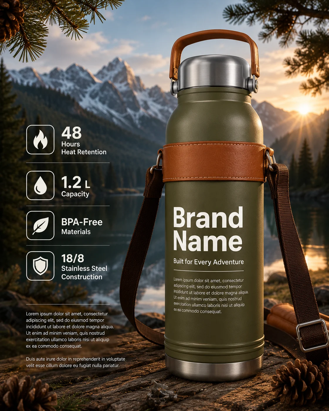 A premium insulated thermos with leather wrap on a wooden table by a mountain lake at sunrise, surrounded by pine trees.