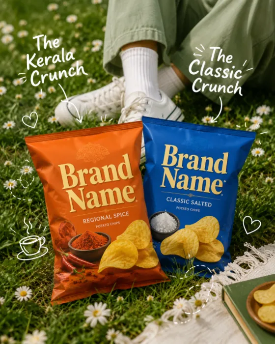 Lifestyle snack campaign featuring two potato chip bags on green grass with playful doodle graphics.
