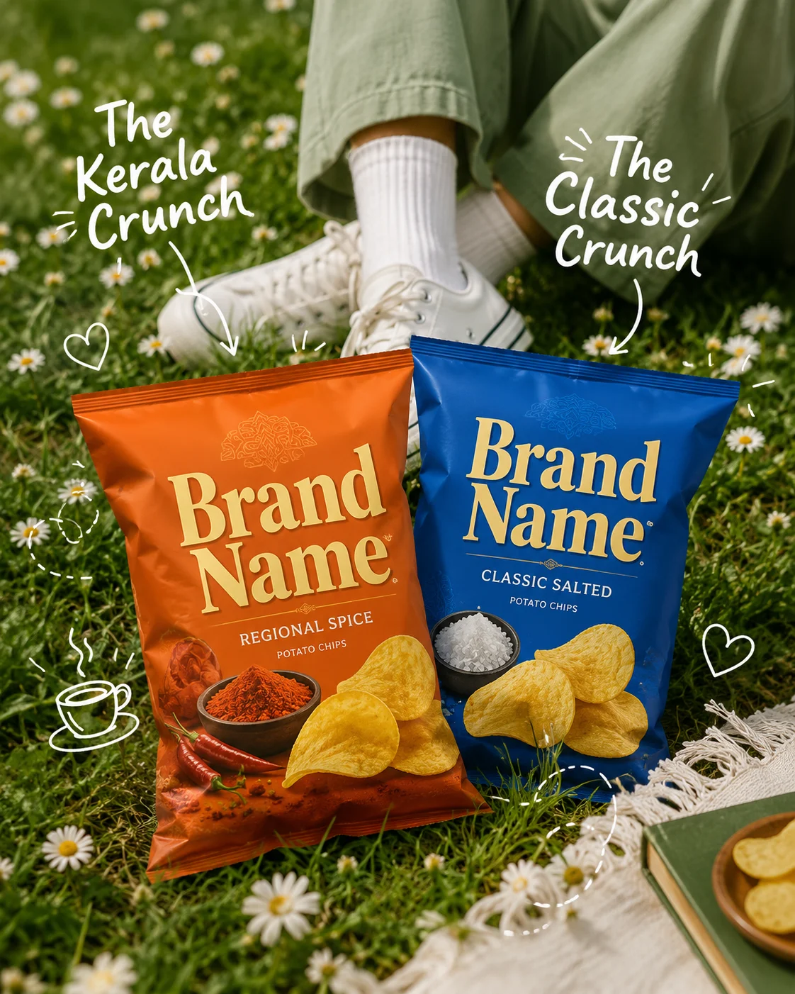 Lifestyle snack campaign featuring two potato chip bags on green grass with playful doodle graphics.