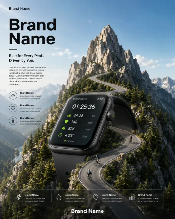 Premium rectangular smartwatch blended with a mountain landscape and winding cycling road.