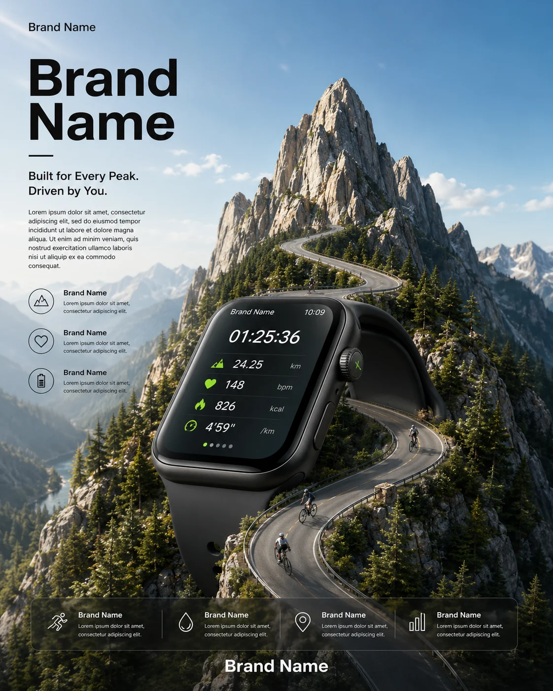 Premium rectangular smartwatch blended with a mountain landscape and winding cycling road.